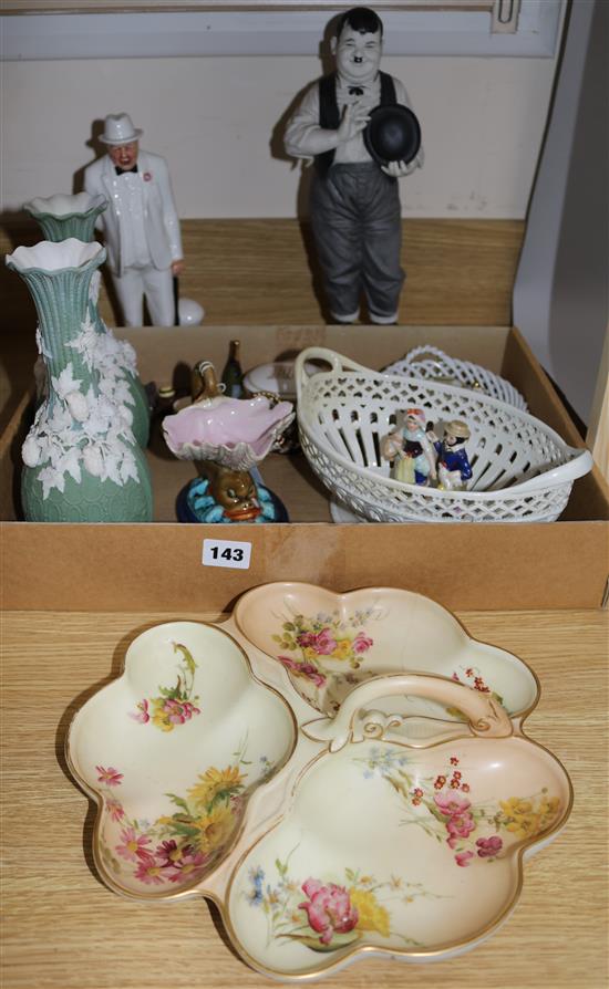 Worcester ceramics, figures and pair of vases